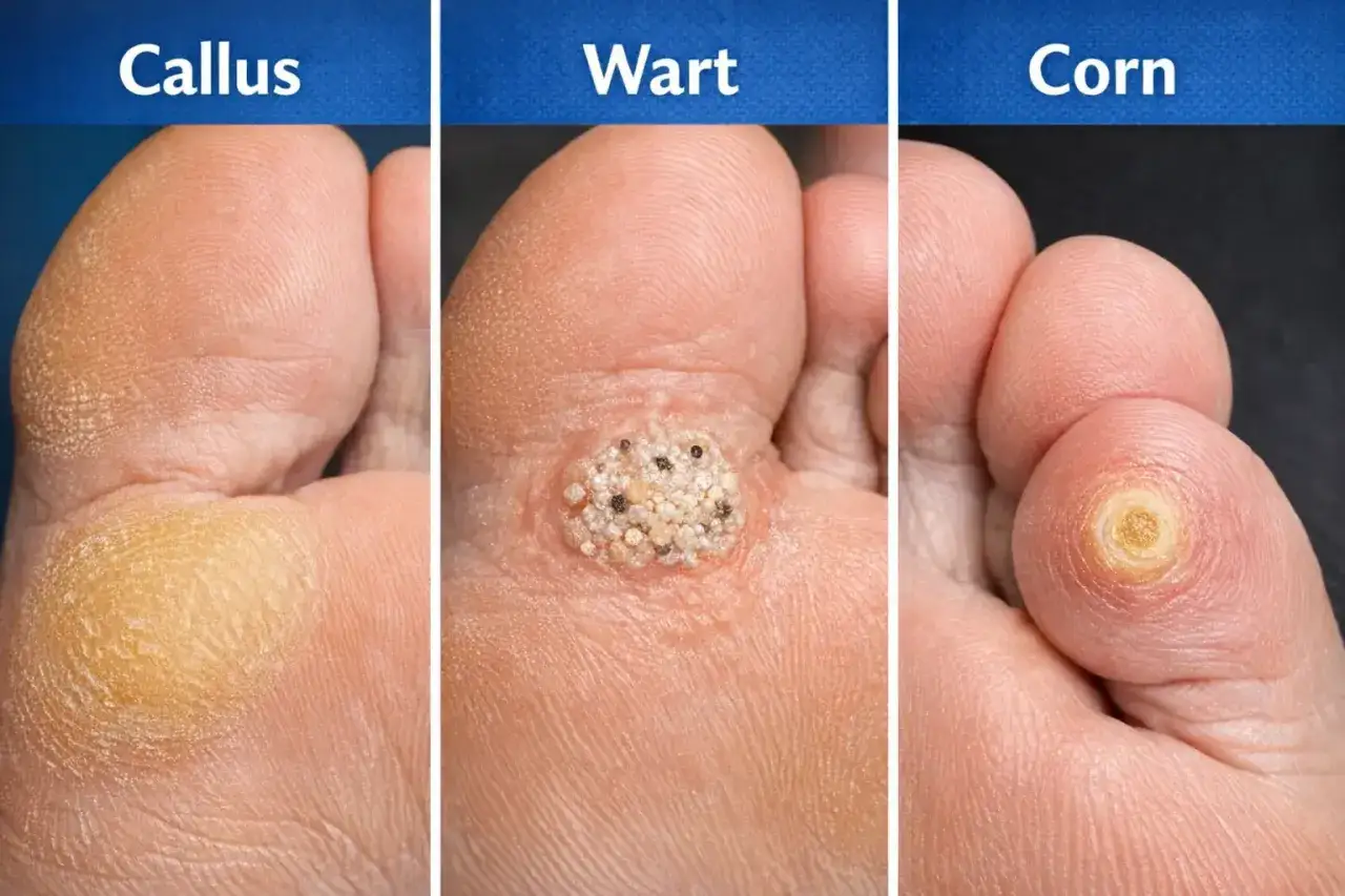 Tres imágenes de pies: un callo, una verruga con puntos negros y un ojo de gallo. Aprende como quitar una verruga.