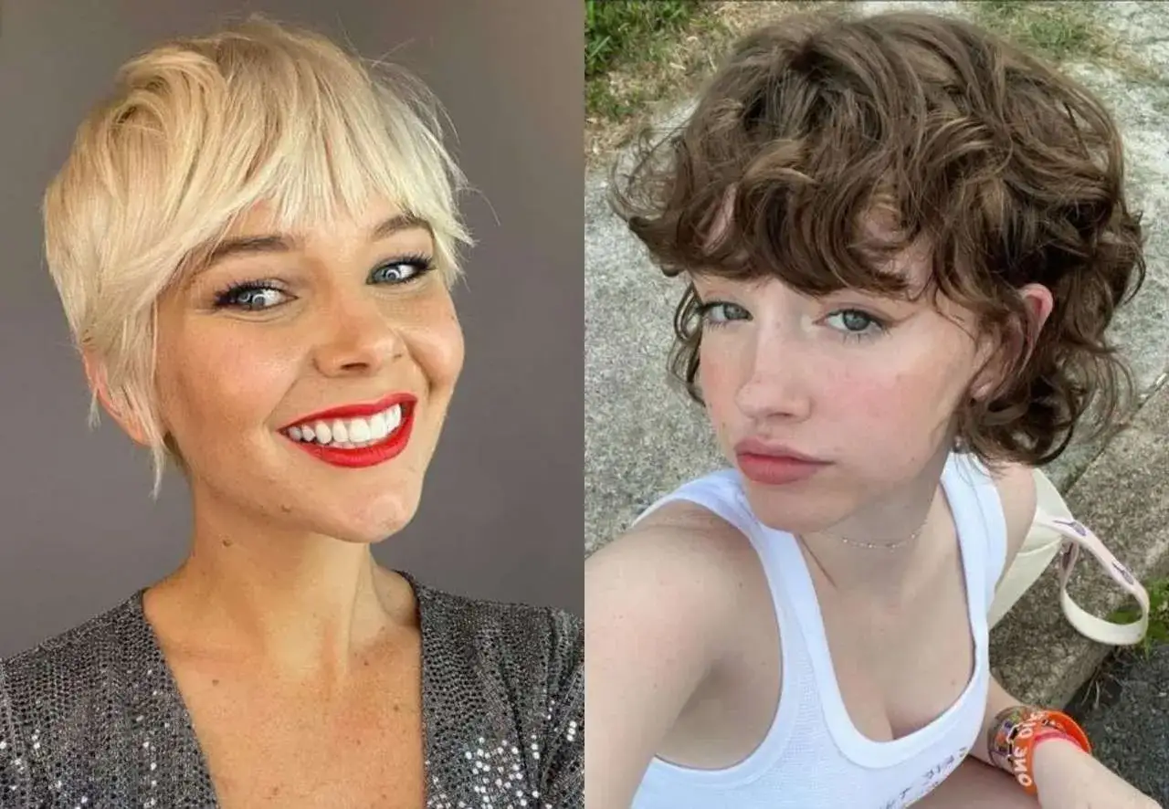 Dos mujeres con pelo corto con flequillo desfilado. Una rubia sonriente con labios rojos y otra morena con rizos.