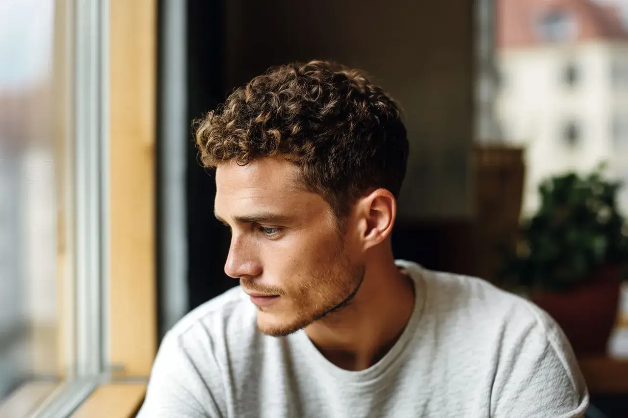 Hombre con moderno corte de pelo rizado, mirando por la ventana. Su cabello castaño y rizado enmarca su rostro.