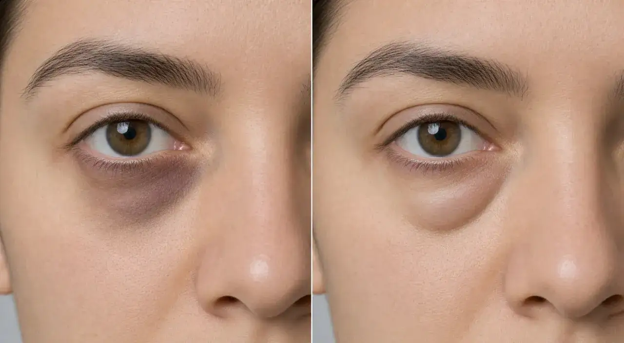 Ojo izquierdo con ojera vascular marcada y ojo derecho con piel lisa y sin ojeras.