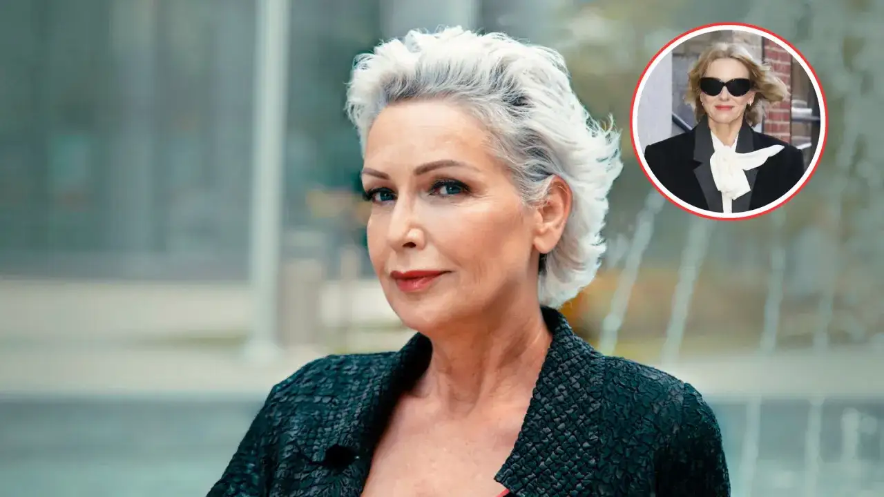 Mujer con pelo corto blanco moderno, mirada intensa y chaqueta texturizada. Un círculo insertado muestra otra imagen de ella con gafas de sol.
