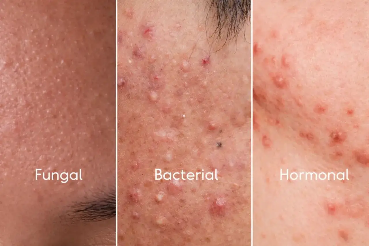 Comparación de acné: piel con pequeños bultos (acné fungico), granos rojos y pústulos (bacteriano) y protuberancias inflamadas (hormonal).