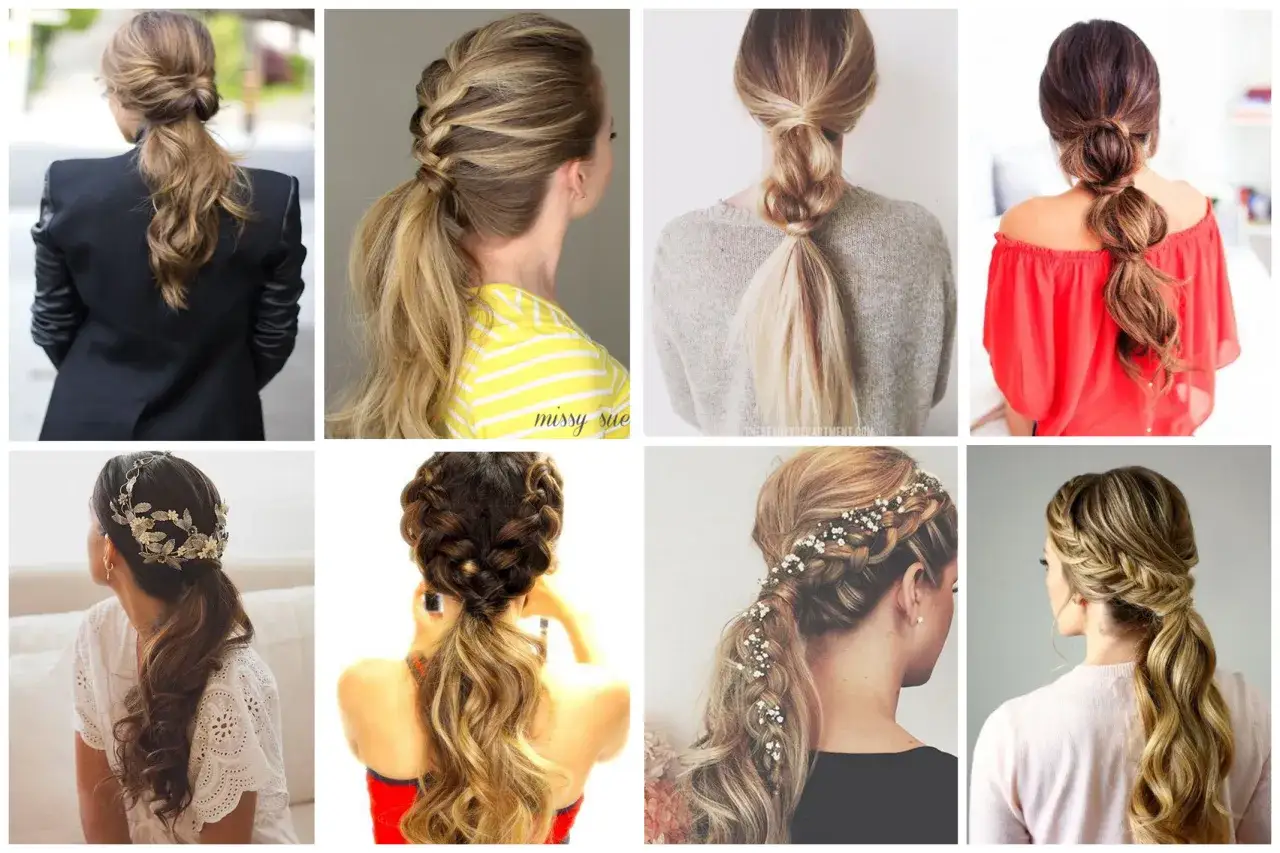 Ocho peinados diferentes, incluyendo una cola alta con trenza elegante, recogidos y adornados.