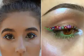 Ojo maquillaje hippie con flores y brillos. Delineado verde con pétalos de colores y pestañas inferiores neón.