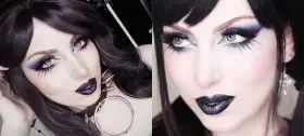 Maquillaje gótico sencillo con sombras moradas y negras, delineado dramático y labios oscuros.
