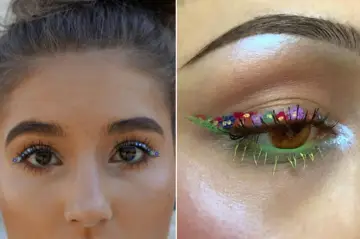 Ojo maquillaje hippie con flores y brillos. Delineado verde con pétalos de colores y pestañas inferiores neón.