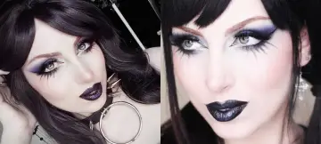 Maquillaje gótico sencillo con sombras moradas y negras, delineado dramático y labios oscuros.