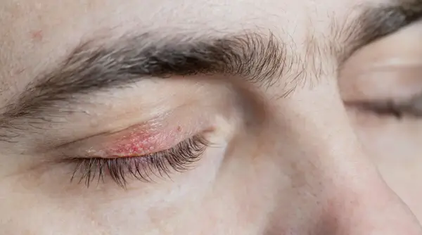 Párpado irritado con enrojecimiento y descamación, indicativo de dermatitis seborreica en las cejas y contorno del ojo.