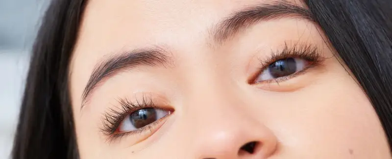 Ojos marcados con pestañas largas y cejas definidas.