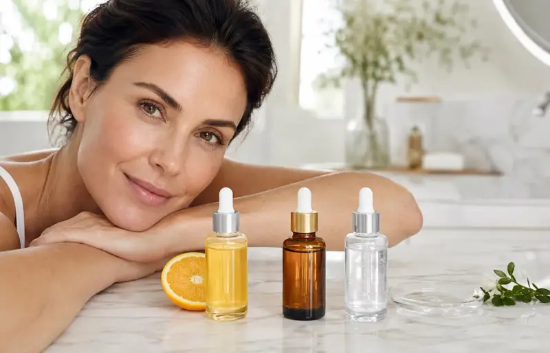 Rutina de belleza: retinol por la noche y vitamina c por la mañana. Mujer sonriente con tres frascos de suero y una rodaja de naranja.
